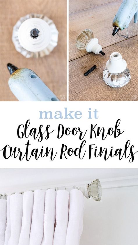 How To Make Curtain Rod Finials Using Doorknobs Funky Upcycle, Farmhouse Parlor, Door Knobs Ideas, Antique Curtains, Glass Door Knobs Crafts, Bedroom Window Dressing, Door Knobs Crafts, Glass Doorknobs, Curtain Rod Finials