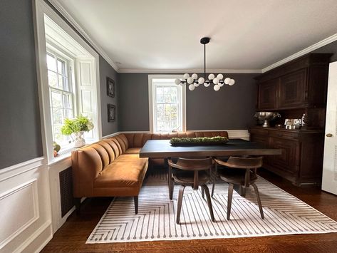 Contemporary Banquette Seating, Curved Banquette Seating Dining Room, Dining Room Table Nook, Leather Breakfast Nook, Dining Table With Couch, Dining Room Ruggable, Arhaus Banquette, Adler Ruggable, Banquette Table West Elm