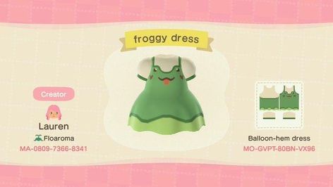 animal crossing new horizons clothing outfit code dress Animal Crossing Amiibo Cards, Frog Theme, Animal Crossing Memes, Animal Crossing Qr Codes Clothes, Qr Codes Animal Crossing, Animal Crossing Villagers, New Animal Crossing, Animal Crossing Game, Animal Crossing Qr