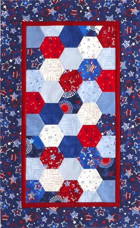 Patriotic Hexagons Table Runner American Flag Quilt, Applique Table Runner, Table Topper Patterns, Flag Quilt, Hexie Quilt, Patriotic Fabric, Patriotic Quilts, Quilt Of Valor, Quilted Table Toppers