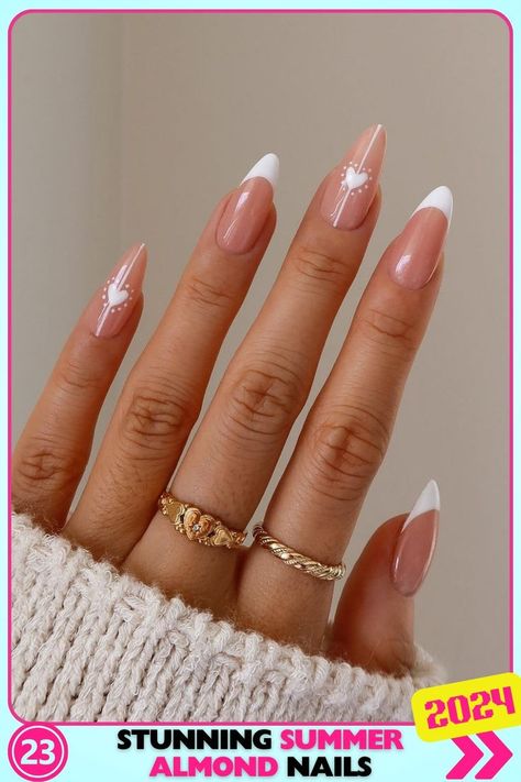 Classic French almond nails with white tips and delicate nail art. Gel material, medium length. These summer almond nails are versatile, perfect for both formal events and casual outings. White Elegant Nails Almond, Maid Of Honor Nails Almond, White Nail Tips With Design, Cute And Simple Nail Ideas, Almond French Tips With Design, French Nail Designs White, Pretty Almond Nails Trendy, French Tip Nail Designs Almond, Almond Minimalist Nails