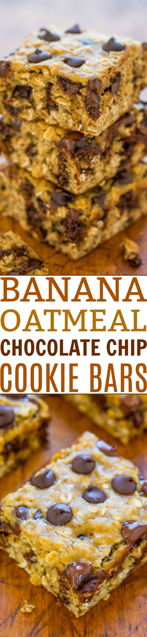 Banana Oatmeal Chocolate Chip Cookie Bars - A FAST and EASY dessert that is on the HEALTHIER side with only 1/4 cup butter and no oil!! Bold banana flavor, chewiness from the oats, and plenty of chocolate in every bite!! Oatmeal Chocolate Chip Bars Recipe, Banana Oatmeal Chocolate Chip Cookies, Banana Oatmeal Chocolate Chip, Oatmeal Chocolate Chip Cookie Bars, Blondies Recipes, Oatmeal Bar, Fast Easy Desserts, Oatmeal Chocolate Chip Bars, Oatmeal Chocolate Chip Cookie