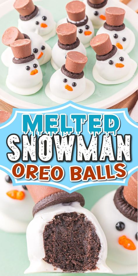 Melting Snowman Oreo Balls, Treats For Gifts Christmas, Oreo Truffles Recipe Christmas, Melted Snowman Oreo Balls, Christmas Kids Baking, Grinch Oreo Balls, Edible Christmas Crafts, Snowman Oreo Balls, Snowman Snacks