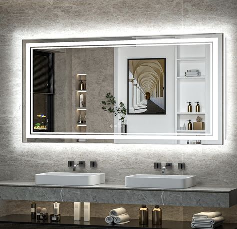 Double Vanity Mirror Ideas, Light Up Bathroom Mirror, Light Up Vanity, Bathroom Mirror With Lights, Bathroom Led Mirror, Modern Bedroom Dressers, Backlit Bathroom Mirror, Bathroom Led, Lighted Wall Mirror