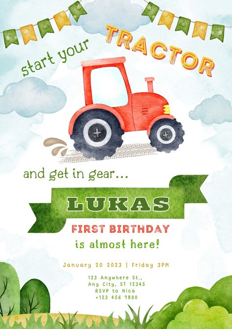 #red #green #yellow #colorful #watercolor #bold #kids #festive #birthday #poster #invitation #children #tractorbirthdayparty #invitationposter #tractorbirthday #birthdaytractor #redtractor #farm #fun #party #boybirthday #birthdayboy 2nd Tractor Birthday Party, Red Tractor Birthday, Tractors For Kids, Tractor Birthday Party, Tractor Birthday, Birthday Template, Toddler Birthday, Boy Birthday Cake, Boy Birthday Party