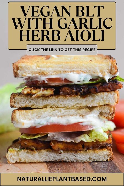 This Vegan BLT is a satisfying and flavorful alternative to the classic sandwich! Crispy tempeh "bacon" pairs perfectly with fresh lettuce, juicy tomato, and a creamy garlic herb aioli. It's perfect for a quick lunch, light dinner, or even a satisfying snack.   Here's what makes it special:  Classic Flavor, Plant-Based Twist: Enjoy the familiar BLT flavors with a plant-based makeover. Easy & Quick: Ready in just minutes, it's perfect for busy schedules. Plant Based Sandwiches, Tempeh Blt, Crispy Tempeh, Herb Aioli, Blt Sandwich Recipes, Vegan Blt, Vegan Blt Sandwich, Gut Protocol, Vegetarian Burgers