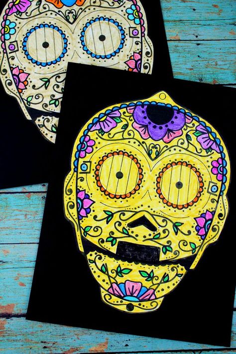 Free Printable Disney Star Wars C-3PO Sugar Skull Craft for Day of The Dead #Disney #StarWars #SugarSkull #C3po #DayoftheDead #DiaDeLosMuertos #StarWars Craft Sugar Skull Crafts, Star Wars Activities, Star Wars Printables, Skull Template, Star Wars Crafts, Skull Coloring Pages, Skull Crafts, Creative Kids Crafts, Kids Crafting