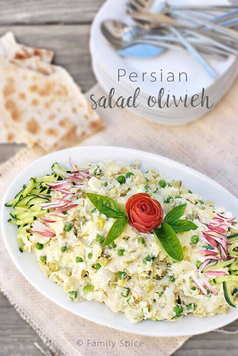 Salad Olivieh (Persian Potato Salad with Chicken) by FamilySpice.com Persian Salad Olivieh, Salad Olivier Persian, Salad Olivieh Persian Recipe, Persian Potatoes, Persian Recipes Traditional, Persian Salad Recipe, Persian Drinks, Iranian Salad, Pickles Eggs