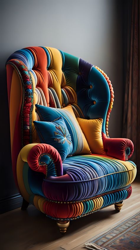 Quirky Furniture Ideas, Funky Chairs Living Room, Maximalist Sofa, Rainbow Couch, Funky Couch, Fancy Couch, Maximalist Furniture, Funky Armchairs, Funky Sofa