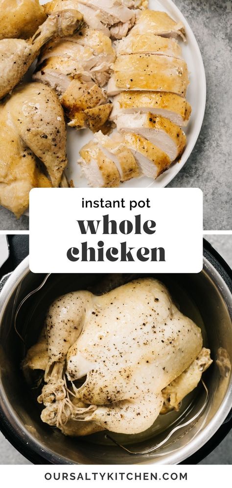 The Instant Pot makes quick work of roasting a whole chicken. Pressure cooking yields succulent and flavorful chicken, ready in as little as 1 hour. If you're a fan of tender and juicy rotisserie style chicken, the Instant Pot is the way to make it! The meat practically falls apart, so it's great for shredding and to use in recipes all week long. This method is so easy and a great Instant pot recipe for beginners. #instantpot #chickenrecipes #wholechicken #healthyrecipes Pressure Cooked Chicken, Instant Pot Whole Chicken, Chicken With Gravy, Chicken In The Instant Pot, Pressure Cooking Chicken, Pressure Cooker Recipes Chicken, Whole Chicken Recipes, Quick Chicken, Chicken Slow Cooker Recipes