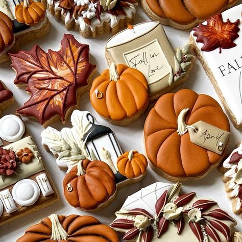 Jessica on Instagram: "🍁💍It’s official- I’ve fallen in love…

This themeeeeee, though! I got actual butterflies when my client reached out requesting a “Fall in Love” set of cookies for her autumnal bridal shower. It was exactly what I needed to warm up to cozy season!

💍Can you count all the tiny ring designs?

🕯️And fun fact- that candle with the pumpkin was the FIRST cookie cutter I ever designed back in 2021. It took a few tweaks, but I finally love her. I wish I could fit all the designs from this set into one photo, but I’ll post closeups soon🫶🏻

🍂Cutters available on my website at HartworkCookieCo.com (link in bio)
-Lantern with Pumpkins
-Candle with Pumpkins
-Banner Pumpkin
-Pumpkin (with name tag)
-Maple Leaf

📌Also- if I can get all my ducks in a row, I will be teaching a Fall In Love Cookies Decorated, Thanksgiving Cookies Decorated, Maple Leaf Cookies, Fall Decorated Cookies, Candle Cookies, Leaf Cookies, Thanksgiving Cookies, Pumpkin Candles, Fall Cookies