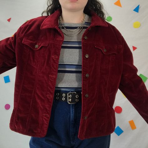 Maroon Corduroy Jacket Outfit, Red Courderoy Jacket Outfit, Red Corduroy Jacket Outfit, Red Jacket Outfit Aesthetic, Red Denim Jacket Outfit, Masc Femme Fashion, Brown Outfit Aesthetic, Retro Ootd, Kdrama Style