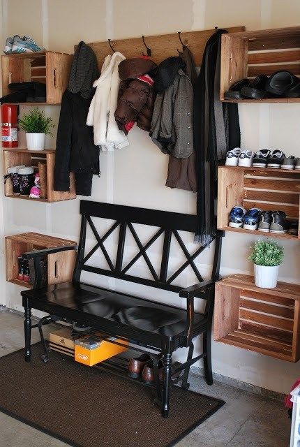 Crates On Wall, Mud Room Garage, Mudroom Organization, Garage Entry, Garage Remodel, Garage Makeover, Garage House, Diy Garage, Garage Organization