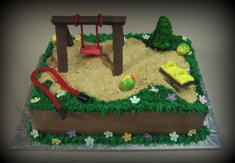 Edible Playground Swingset is KitKat, Swing ropes are licorice, swing set seat is laffy taffy, teeter totter is a mini nestle crunch... Playground Birthday Cake, Playground Cake, June Cake, Playground Party, Cake Decorating Equipment, Nestle Crunch, Woodland Cake, Laffy Taffy, Teeter Totter