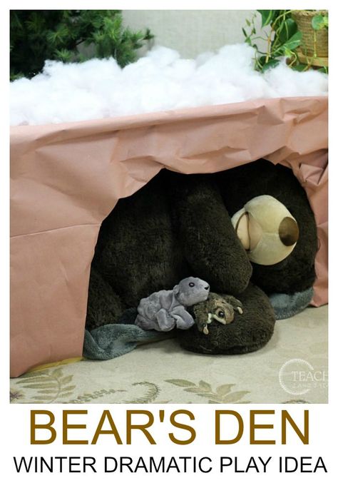 After reading the book Bear Snores On, we turned our preschool dramatic play area into a winter bear's den! Dramatic Play Activities For Toddlers, Winter Dramatic Play, Preschool Hibernation, Hibernation Preschool, Dramatic Play Activities, Preschool Dramatic Play, Animals In Winter, Bear Cave, Dramatic Play Ideas