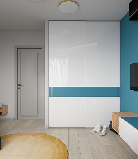 Apartment in Samara on Behance White And Blue Wardrobe Design, Blue Laminate Wardrobe, Blue Wardrobe Design, White Wardrobe Designs, Modern Wooden Cupboard Design, Blue Cupboard, Wardrobe Laminate, Sliding Wardrobe Design, Wooden Cupboard Design