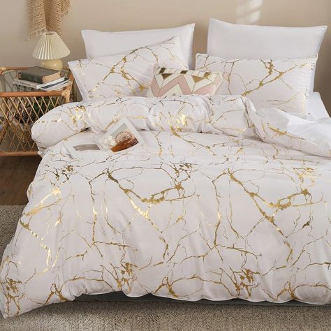 PRICES MAY VARY. MATERIAL-100% Microfiber Polyester. Soft,comfy,durable,breathable and easy care. SIZE: Twin(1x duvet cover 66x90inch,1x pillowcase 19x29inch).Queen(1x duvet cover 89x89inch,2x pillowcase 19x29inch).King(1x duvet cover 90x102inch,2x pillowcase 19x35inch).Comforter not included in set. DESIGN: Zipper closure, convenient to get your duvet in and out; friendly design by sewing ties in 4 corners inside your duvet cover to secure your duvet, quilt and comforter from slipping and secur Marble Duvet Cover Bedroom, Gray And Pink And Gold Bedroom, White And Gold Bed Cover, Blush And Gold Bedding Master Bedrooms, Grey Pink White And Gold Bedroom, Black White Gray Gold Pink Bedroom, Christian Dior Comforter Set, Rose Gold Bed Comforter, Rose Gold Bed Spread