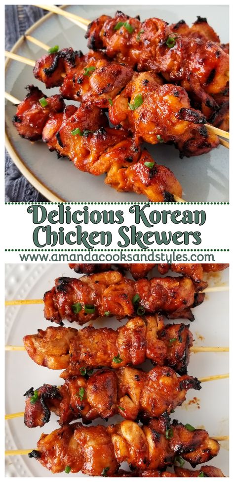 Delicious Korean Chicken Skewers – Amazing slightly spicy, flavor-packed grilled chicken skewers/kabobs marinated with Korean BBQ sauce. Serve with your favorite grilling side dishes! Korean Beef Skewers, Korean Chicken Kabobs, Korean Pork Skewers, Korean Bbq Skewers, Chinese Food Side Dishes, Asian Bbq Sides, Korean Barbeque Recipe, Korean Barbeque Side Dishes, Korean Bbq Dishes