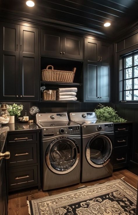 Laundry Room Ideas Black, Black Laundry Room Ideas, Moody Laundry Room, Dark Laundry Room, Black Laundry Room, Dream Laundry Room, Laundry Room Layouts, Laundry Room Renovation, Modern Laundry Rooms