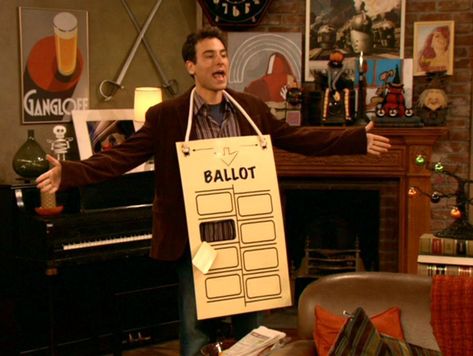 Florida Ballot/"Hanging Chad" costume (worn by the Character Ted Mosby in the show "How I Met Your Mother") Barney Stinson Quotes, Ted Halloween, Marshall And Lily, Barney And Robin, Barney Stinson, Ted Mosby, Kenny Loggins, Mother Photos, Clever Halloween Costumes