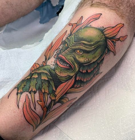 Creature From Black Lagoon Tattoo, Creature Of The Black Lagoon Art, Creature From The Black Lagoon Tattoo Traditional, Creature Black Lagoon Tattoo, Horror Half Sleeve Tattoo, Monster Tattoo Sleeve, Cryptid Tattoo Sleeve, Creature From The Black Lagoon Art, Traditional Monster Tattoo