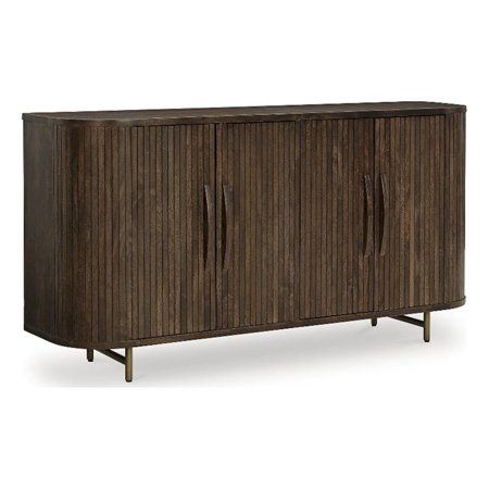 Function and style merge perfectly with this accent cabinet. Exquisitely crafted with mango wood, it makes a great case for refined contemporary design. Adding to its allure, the fluted door fronts and gracefully curved side detail keep the look cool with a mid-century vibe. The doors open to reveal interior shelves, ideal for hiding clutter or whatever you choose in fine fashion. Features: Made with solid mango wood Warm brown finish Wood door pulls Door fronts with fluted pattern Curved side d Fluted Door, Interior Shelves, Accent Chests And Cabinets, Furniture Catalog, Entertainment Furniture, Accent Cabinet, Solid Mango Wood, Reclining Sectional, Ashley Furniture