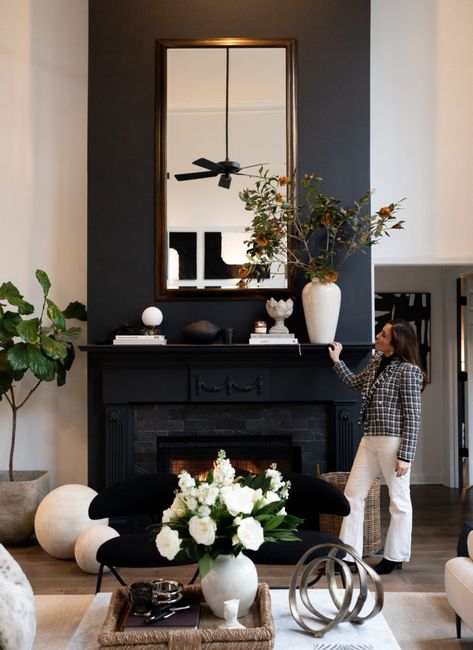 Every paint color in the House of Valentina | House of Valentina Black Fireplace Wall, House Of Valentina, Black Fireplace, Fireplace Mantle Decor, Feeling Excited, Refresh Your Home, Home Fireplace, Mantle Decor, Fireplace Design