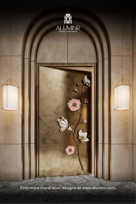 At Aluminr, every door tells a story—a story woven from threads of tradition, artistry, and unrivalled craftsmanship. Our legacy is not just in creating doors but in celebrating and elevating the art of metalwork, making each piece a testament to elite craftsmanship and cultural heritage. #luxury #homedecortips #design #poojaroom #indianarchitecture #livingspace #unique #aesthetic Metal Door Entryway Entrace Luxury Brass Handle Copper Aesthetic Interior Design Home Decor Serene Antique Customize Wedding Haul, Copper Aesthetic, Metal Garage Doors, Front Door Inspiration, Metal Front Door, Metal Doors Design, Luxury Door, Door Crafts, Garage Door Design