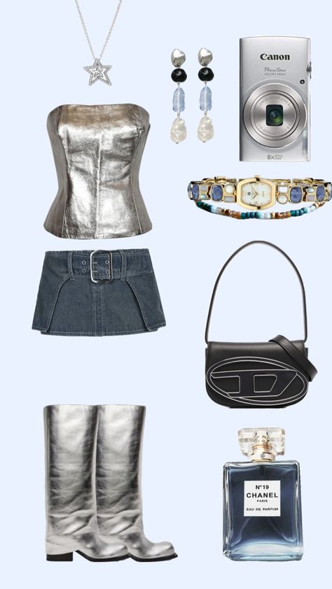 #camera #denim #ootd #outfit #inspo #outfitinspo #silver #perfume #skirt #top #corsett #boots #deisel #deiselbag #blue #blueoutfits #silver #silveroutfits #blueandsilver #fashion Denim Ootd, Silver Outfits, Denim Outfits, Blue Outfit, Ootd Outfit, Denim Outfit, Skirt Top, Blue And Silver, Ootd