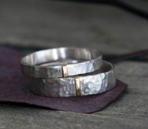 These unique organic bands are handmade of solid sterling silver and has a piece of 18K gold. Each band is hammered by hand and you can choose the satin silver or the dark antique finish for your ring. Ideal as a very comfortable everyday ring or as a beautiful wedding band. Each band has thickness of 1mm and you can choose the 3mm or 5mm width or the set you prefer. Please feel free to contact me for a different finish or any customization. All our jewelry is made in my studio, using only traditional silversmithing techniques and no chemicals. ♦♦ All our rings come in a beautiful velvet gift packaging. Sterling Silver Wedding Bands, Couples Rings, Hammered Wedding Bands, Couples Wedding Bands, Rustic Wedding Rings, Beautiful Wedding Bands, Hammered Silver Ring, Hammered Band, Everyday Ring