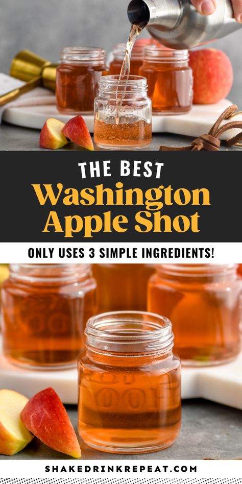 The Washington Apple Shot is a whiskey drink with a punch of sour apple and sweet-tart cranberry. This fabulous shot recipe is easy to make with an equal ratio of just three ingredients. Apple Shots Alcohol, Washington Apple Cocktail, Carmel Apple Shots Recipes, Washington Apple Shot Recipe, Fall Shot Recipes, Fall Shots Alcohol, Whiskey Shooters, Sweet Tart Shot Recipe, Apple Pie Shots Recipe