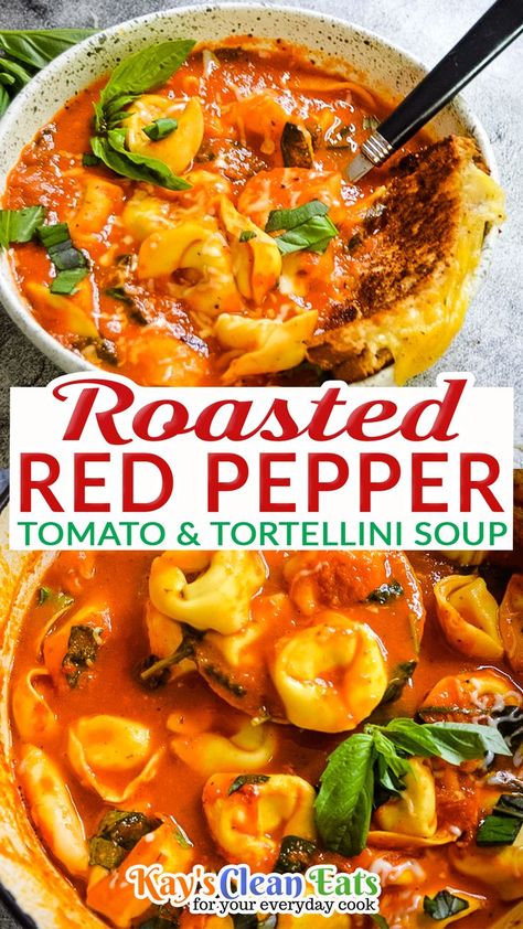 Roasted Red Pepper Tomato and Tortellini soup is one you will want year-round! This is an easy recipe that feels so cozy and brimming with flavor. Thanks to canned tomatoes you can enjoy this soup year round! This Roasted Red Pepper & Tomato Soup with Tortellini reminds me so much of childhood!! My mom would make this with warm gooey grilled cheese for us to dunk. I’m getting hungry just talking about it! | @kayscleaneats Soup With Roasted Tomatoes, Roasted Tomato Tortellini Soup, Tomato Tortellini Soup Instant Pot, Pacific Roasted Red Pepper Tomato Soup Recipes, Red Tortellini Soup, Roasted Red Pepper Tortellini Soup, Red Pepper Tortellini Soup, Trader Joe’s Tomato And Roasted Red Pepper Soup Recipes, Tomato And Pepper Recipes