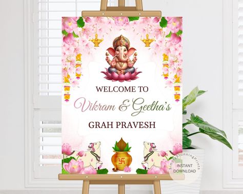 Indian Graha Pravesh Welcome Sign as Griha Pravesham Traditional Housewarming Welcome Sign Grah Pravesh Decor Editable Digital Poster - Etsy Housewarming Sign, Ganesh Puja, Welcome Board, Welcome Boards, Digital Poster, Indian Traditional, Print Store, Personalized Prints, Banners Signs