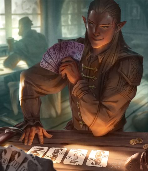 The Card Game - The opponent was skilled with his cards, but Lagreth knew it was almost impossible to beat a hand of Full Dragon Arcane Trickster, Dnd Elves, Elves Fantasy, Heroic Fantasy, Fantasy Races, Dnd Art, Fantasy Rpg, Fantasy Inspiration, Medieval Fantasy