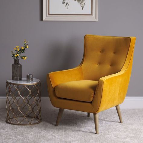 Taking inspiration from mid-century design, the Scott winged armchair is the best place to sit and read a good book, add a scatter cushion or throw and then simply sink back into the chair letting your stress drift away. The chairs natural wood legs put... Mustard Armchair, Sofa Santai, Sofa Layout, Yellow Armchair, Upholstered Dining Bench, Yellow Chair, Grey Decor, Types Of Sofas, Furniture Styles