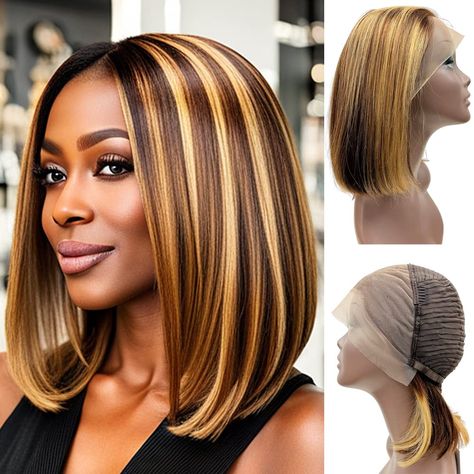 Tresslove 4/27 honey blonde Highlight ombre Bob wig human hair. 180% Density 13X4 HD Transparent Front Lace Wig for Black women short Bob wig. Pre Placked with Baby Hair(12inch) Black Women Short Bob, Ombre Bob Wig, 613 Blonde Bob, Women Short Bob, Bob With Highlights, Ombre Bob, Blonde Bob Wig, Blonde Highlight, Ombre Highlights