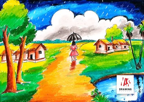 How to Draw Rainy Season Scenery Rainy Season Scenery, Rainy Season Drawing, Painting With Oil Pastels, Rainy Day Drawing, Diy Crafts For School, Drawing Scenery, Scenery Drawing, Kids Painting, Color Drawing