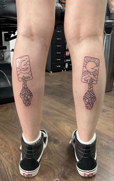 tarot card tattoo ideas 2022 Tarot Matching Tattoos, Sun And Moon Tarot Card Tattoo Matching, Tarot Card Tattoo Ideas, Tattoo Ideas 2022, Card Tattoo Ideas, Tarot Tattoos, Sun And Moon Tarot, Tarot Card Tattoo, Tarot Tattoo