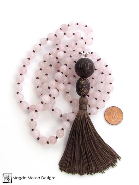 Mala Beads Diy, Rose Quartz Mala, Mala Jewelry, Mala Bead Necklace, My Jewelry, Tassel Jewelry, Brown Silk, Purple Silk, Mala Necklace