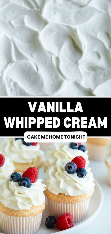 Made with only 3 ingredients, this vanilla whipped cream frosting is easy to make! Vanilla Cake Whipped Cream Frosting, Light Whipped Cream Frosting, Homemade Whipped Cream Icing, Simple Whipped Cream Frosting, Light And Airy Whipped Cream Frosting, Cupcake With Whipped Cream Frosting, Fresh Whipped Cream Frosting, Cream For Cupcakes Recipe, Diy Whipped Frosting