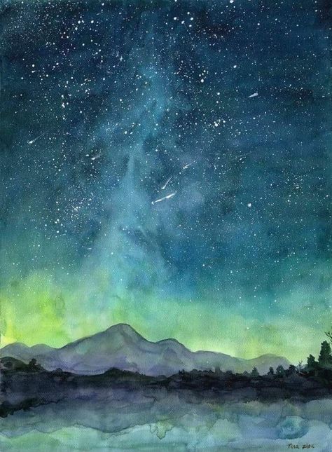 Tina Zhou Watercolor Night Sky, Watercolor Art Diy, Starry Night Painting, Watercolor Art Landscape, Watercolor Art Journal, Watercolor Sky, Watercolor Art Paintings, Watercolor Pictures, Kunst Inspiration