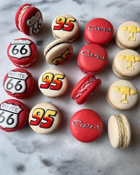 Life is a highway. Cars themed macarons. Vanilla, chocolate & salted caramel, strawberry, and pistachio . . . . . #cars #carsmovie #mcqueen #macarons #macaron #macaronlover #dessert #desserts #food #foodporn #feedfeed #feedfeedbaking #baking #bakinglove #bakinglife #baltimore #baltimorebaker #baltimorebakery Life Is A Highway Cars, Themed Macarons, Macarons Vanilla, Life Is A Highway, Boys 1st Birthday Party Ideas, 1st Birthday Party Ideas, Vanilla Chocolate, Cars Movie, Disney Cars