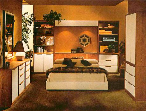 Colored walls in bedrooms with medium/darker wood bedroom sets 70s Decor Bedroom, 70s Style Bedroom, Bedroom 70s, 70s Bedroom Decor, 1970s Bedroom, 1970s Interior Design, 70s Bedroom, Style Année 70, Retro Bedrooms