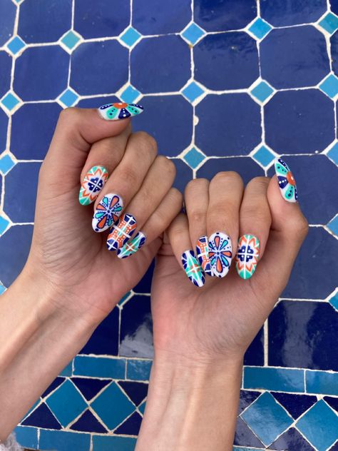 Morocco Inspired Nails, Spanish Tile Nail Art, Mexican Tile Nail Art, Moroccan Nails Design, Blue Tile Nails, Corfu Nails, Intricate Nail Art, Tile Inspired Nails, Mexican Tile Nails