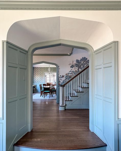 Architectural details… the little elements that make a home feel complete. Which is your favorite? 1 Decorative stair bracket 2 Tudor arch and curve of the stair railing 3 Fireplace and wainscoting 4 Tudor tunnel (that’s what I’m calling it), decorative paneling and dentil crown molding 5 Wood paneling with built in shelves 6 The Round Room 7 The built in shelves in the Round Room (have you noticed these before? There are two sets) 8 Gingerbread detail on the shelves 9 Arched window in t... Tudor Wainscoting, Arched Wall Paneling, Tudor Arch, Dentil Crown Molding, Staircase Wall Design, Round Room, Stair Brackets, Faux Wall, Knee Wall