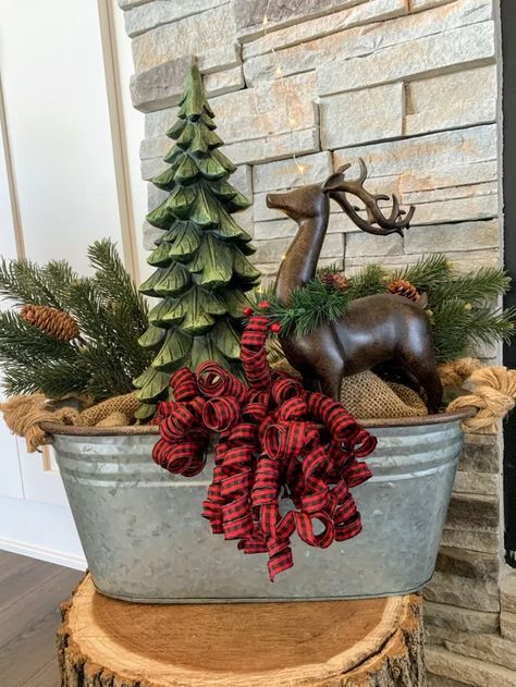 A Christmas Basket Pinterest Challenge - The House on Silverado Christmas Outdoor Table Decor, Christmas Basket Decoration Ideas, Farmhouse Kitchen Decor Hobby Lobby, Christmas Sled Decoration Front Porches, Christmas Gate Decorations Outdoor, Metal Bucket Ideas, Christmas Basket Decor, Country Christmas Decor Ideas, Rustic Farmhouse Christmas Decor Ideas