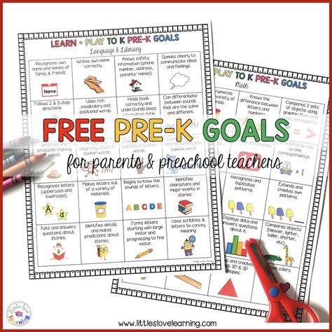 FREE printable pre-k goals sheets for literacy and math. Includes 20 important literacy goals and 20 math goals for preschool and pre-k students to focus on before kindergarten. Great reference for parents and preschool teachers to print and use to get their students kindergarten ready! Aligned with the Arizona Early Learning Standards. #preschool #prek #kindergartenreadiness Preschool Assessment Forms, Kindergarten Goals, Preschool Assessment, Pre K Curriculum, Goals Sheet, Pre K Classroom, Kindergarten Readiness, Preschool Teachers, Classroom Organisation