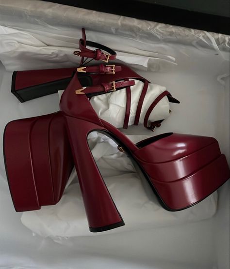 Red Girly Outfit, Cherry Red Heels, Maroon Boots, Versace Heels, Pretty Heels, Heels Aesthetic, Dr Shoes, Fashion Shoes Heels, Cute Shoes Heels