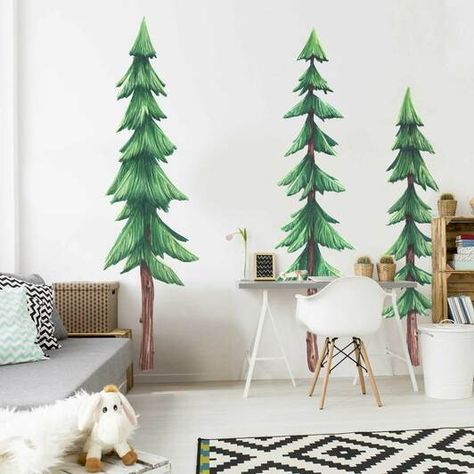 Set of Three Pine Trees Watercolor Wall Decals Room Horse Wall Decals, Forest Room, Trees Watercolor, Themed Kids Room, Tree Decals, Nursery Wall Stickers, Tree Wall Stickers, Tree Wall Decal, Watercolor Wall