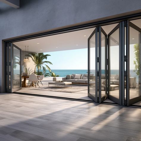 Exterior Folding Door, Modern Sliding Doors Patio, Glass Sliding Doors Exterior Patios, Folding Exterior Doors, Double Bifold Doors, Big Sliding Glass Doors, Bifold Glass Doors, Patio Doors Modern, Bifold Doors Onto Patio